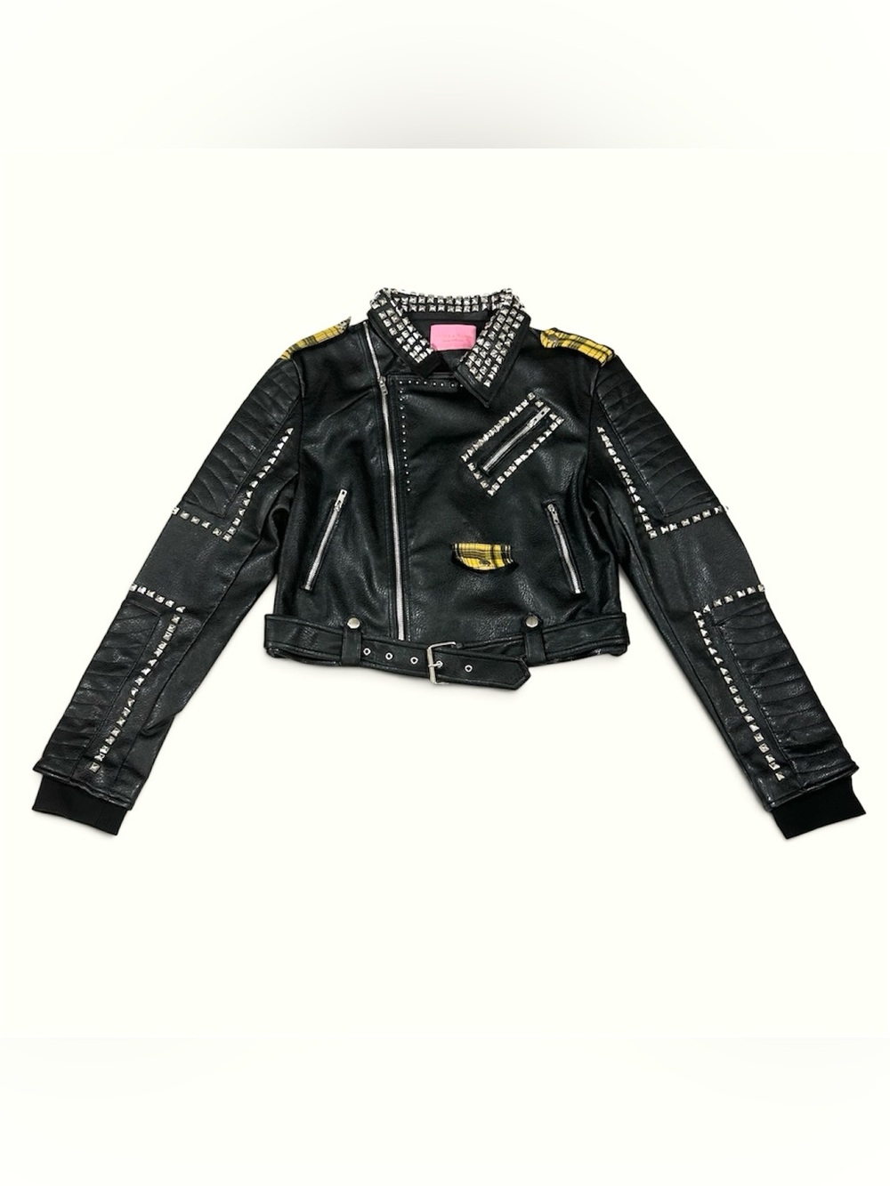 Azalea Wang Women’s XL Cropped Plaid Studded Moto Jacket Faux Leather Goth Rock